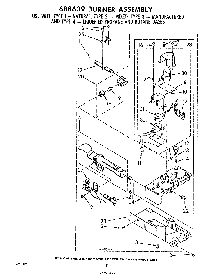 688639 BURNER Diagram and Parts List for 1LG5701XKW0  Whirlpool Dryer