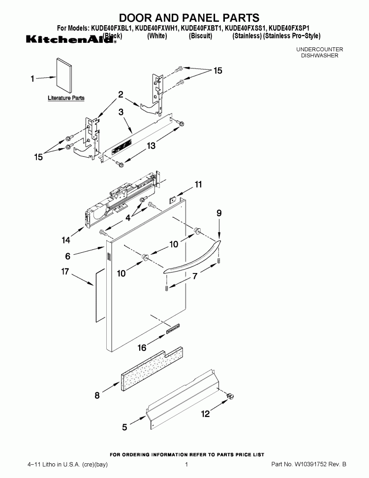 DOOR AND PANEL PARTS Diagram and Parts List for KUDE40FXWH1  KitchenAid Dishwasher
