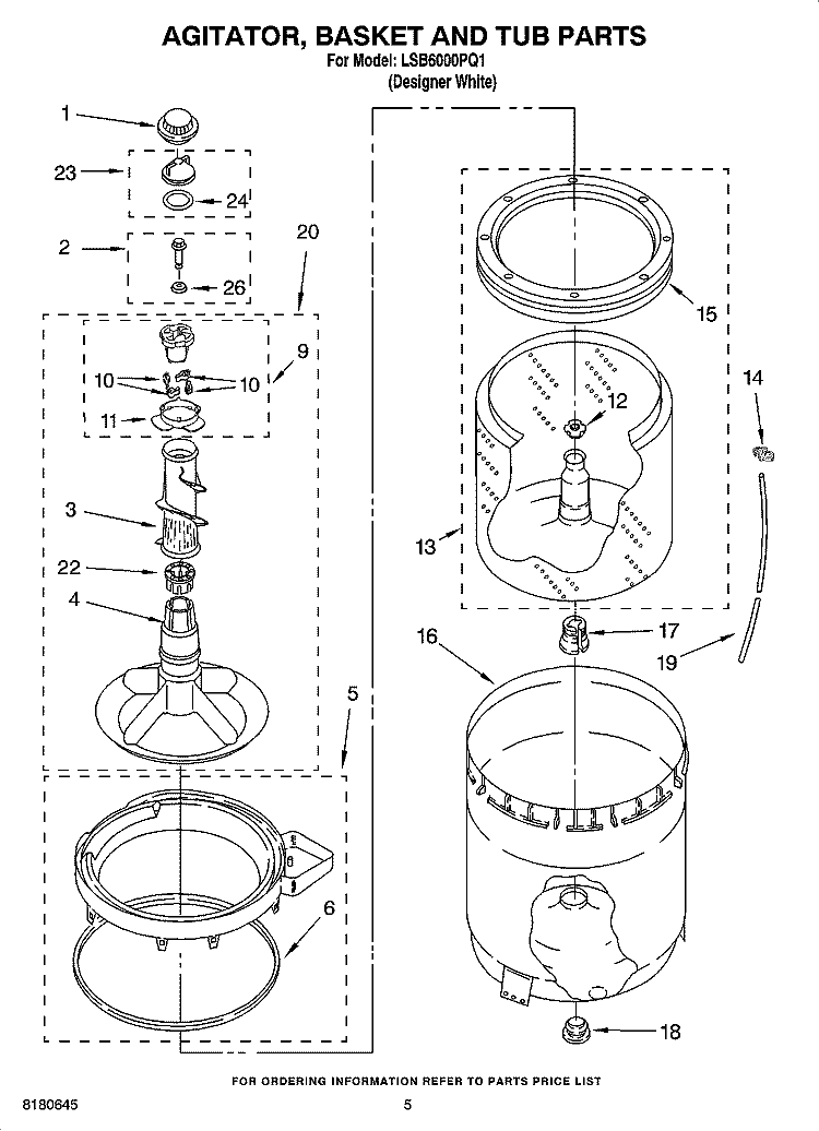 AGITATOR, BASKET AND TUB PARTS Diagram and Parts List for LSB6000PQ1  Whirlpool Washer