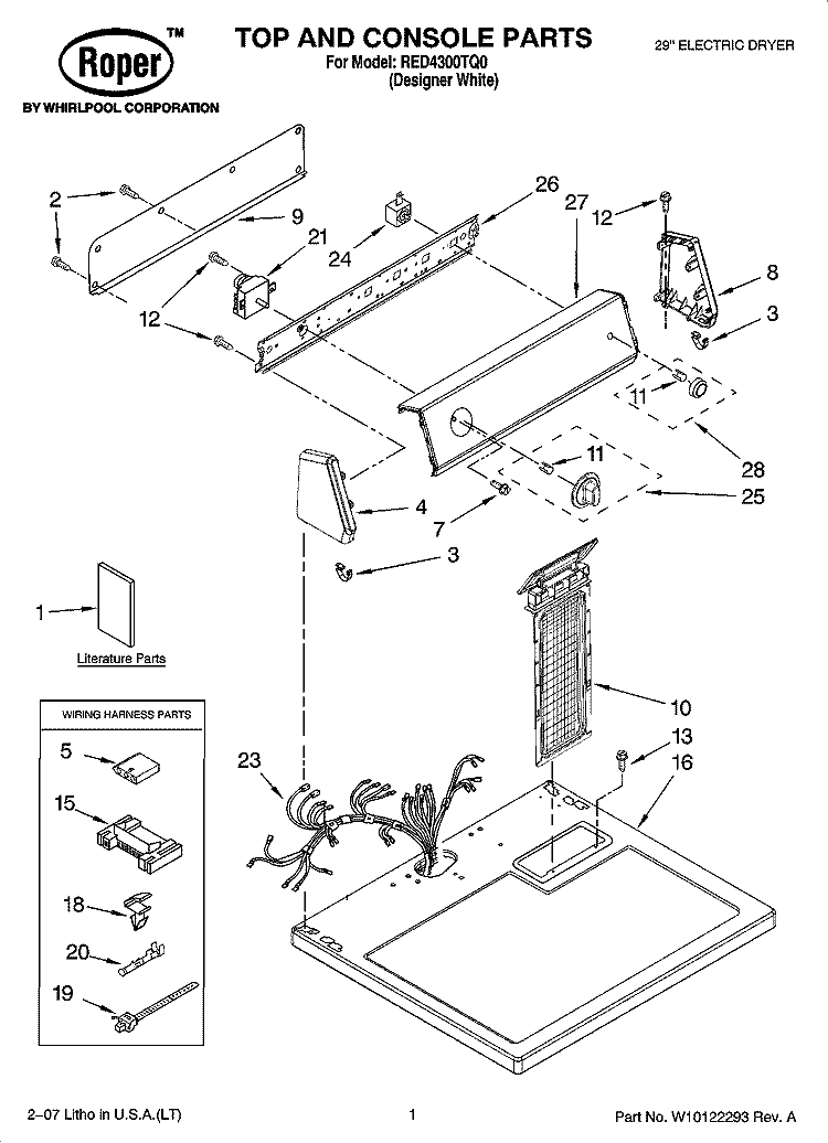 TOP AND CONSOLE PARTS Diagram and Parts List for RED4300TQ0  Roper Dryer
