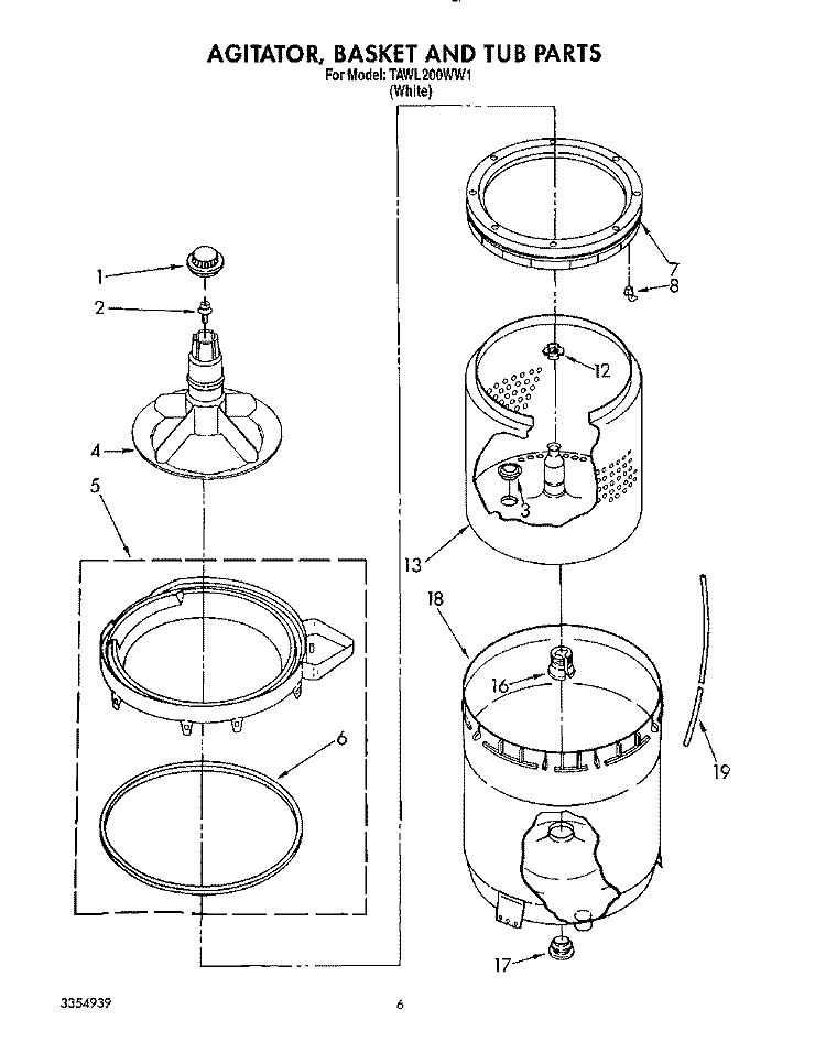 AGITATOR, BASKET AND TUB Diagram and Parts List for TAWL200WW1  Estate Washer