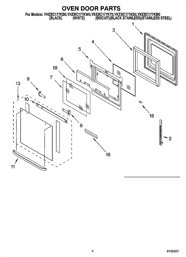 OVEN DOOR PARTS Diagram and Parts List for YKEBC177KM0  KitchenAid Wall Oven
