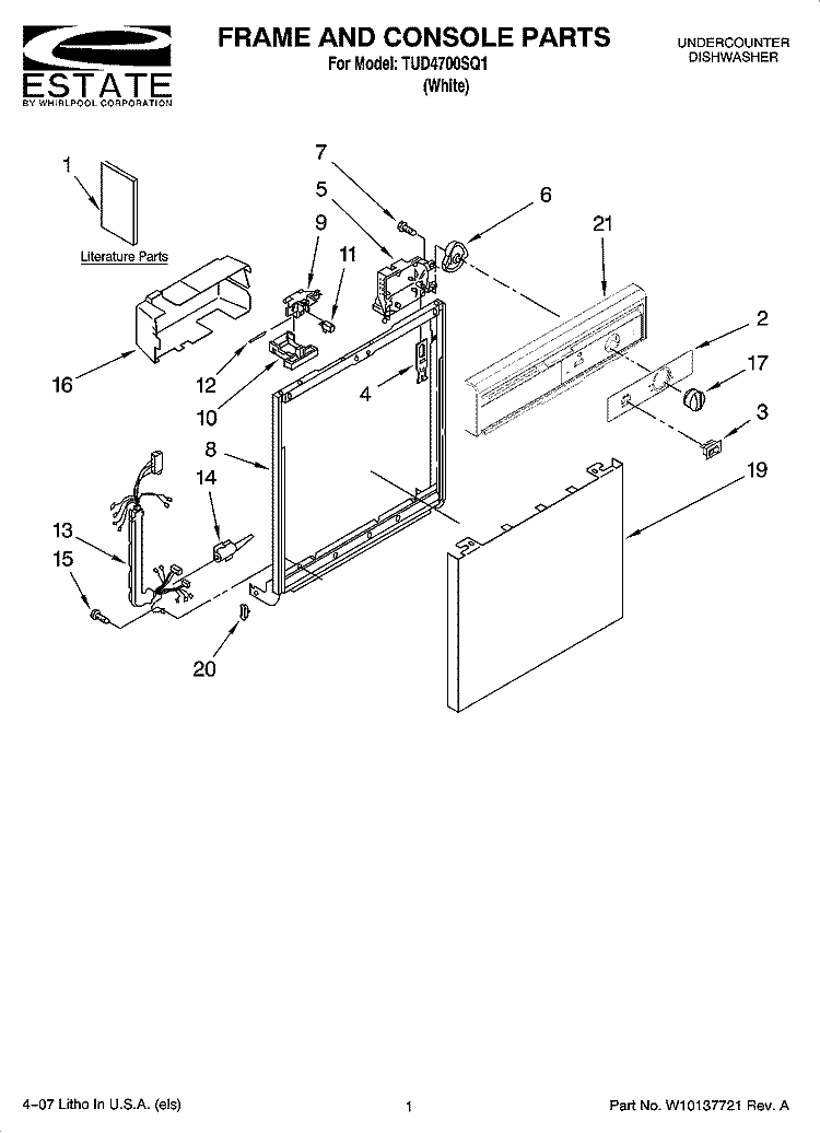 FRAME AND CONSOLE PARTS Diagram and Parts List for TUD4700SQ1  Estate Dishwasher