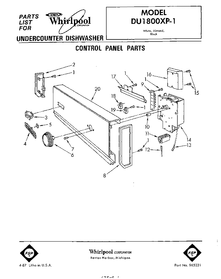 CONTROL PANEL Diagram and Parts List for DU1800XP1  Whirlpool Dishwasher