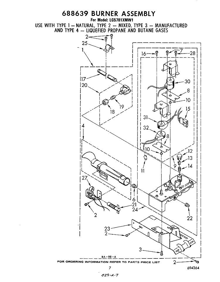 688639 BURNER Diagram and Parts List for LG5781XMW1  Whirlpool Dryer