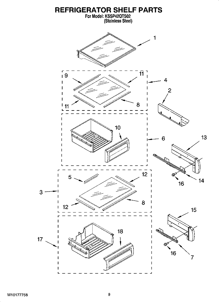 REFRIGERATOR SHELF PARTS Diagram and Parts List for KSSP42QTS02  KitchenAid Refrigerator