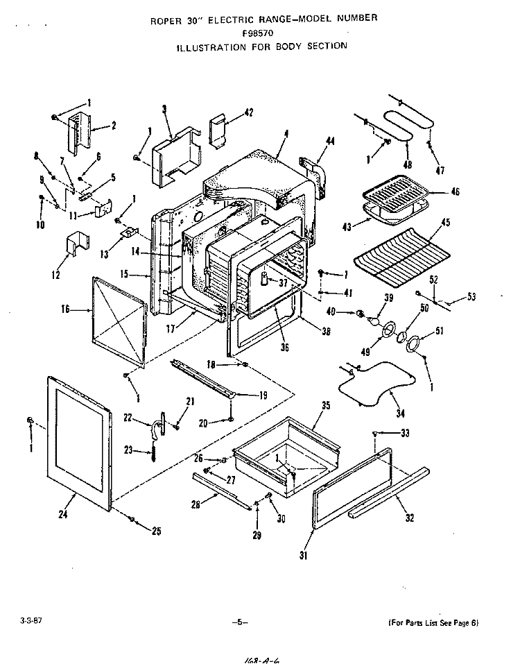 BODY Diagram and Parts List for F9857W0  Roper Range