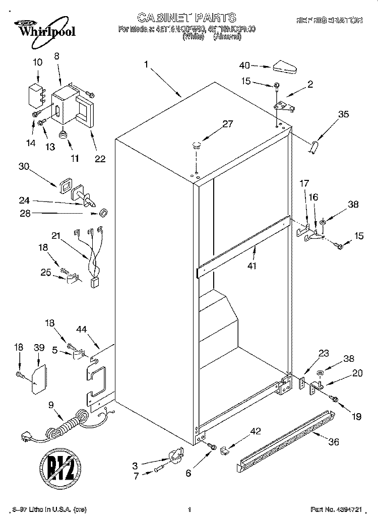 CABINET Diagram and Parts List for 4ET18NKXFN00  Whirlpool Refrigerator
