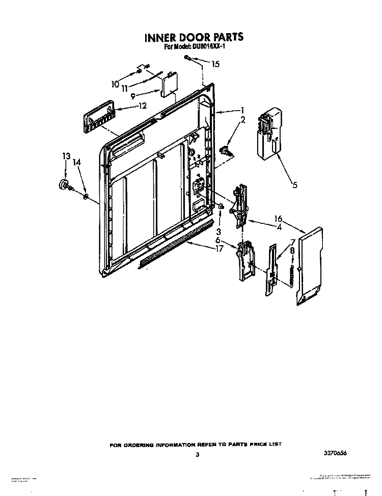 INNER DOOR Diagram and Parts List for DU8016XX1  Whirlpool Dishwasher