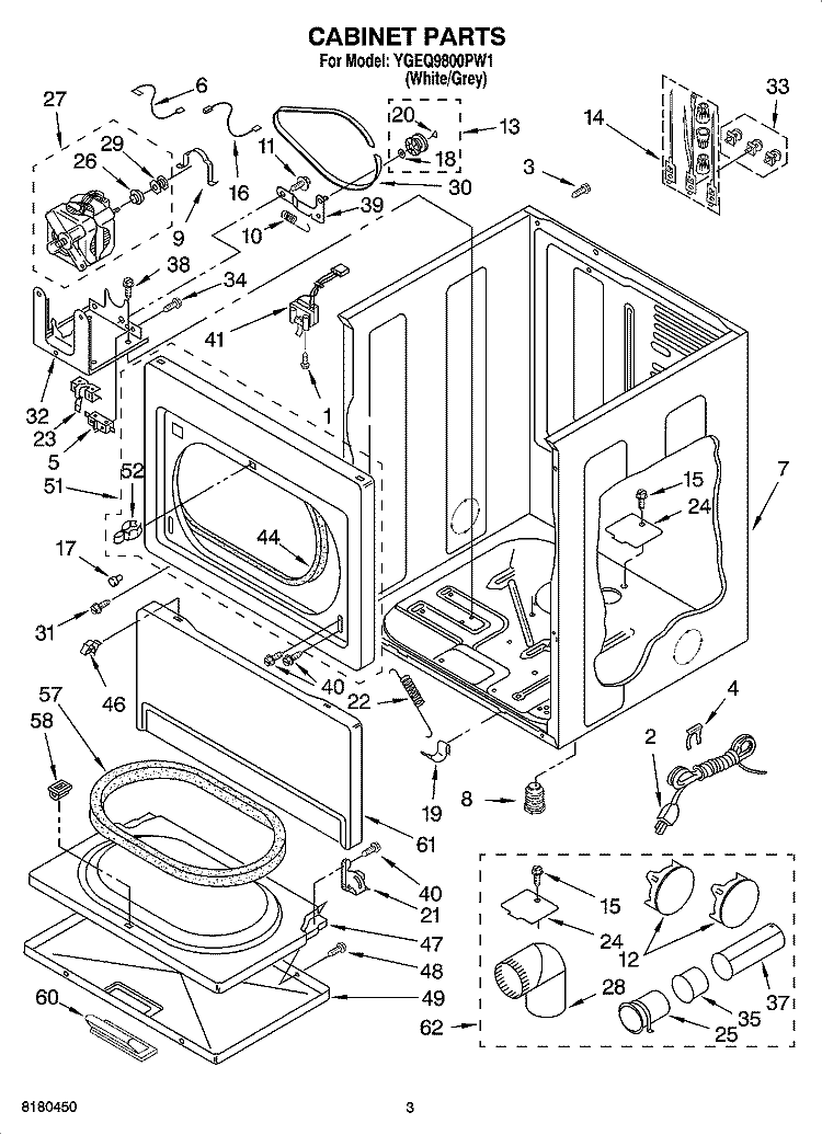 CABINET PARTS Diagram and Parts List for YGEQ9800PW1  Whirlpool Dryer