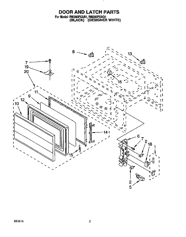 DOOR AND LATCH Diagram and Parts List for RM280PXAB1  Whirlpool Microwave Oven Combo