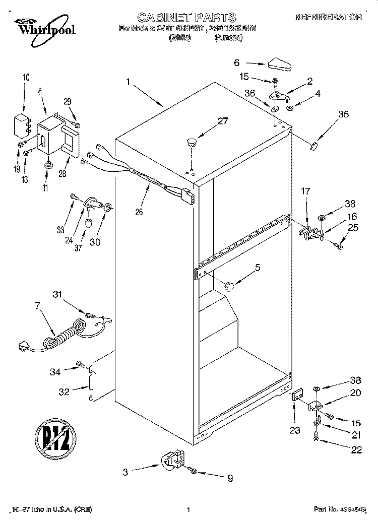 CABINET Diagram and Parts List for 3VET16GKFW01  Whirlpool Refrigerator