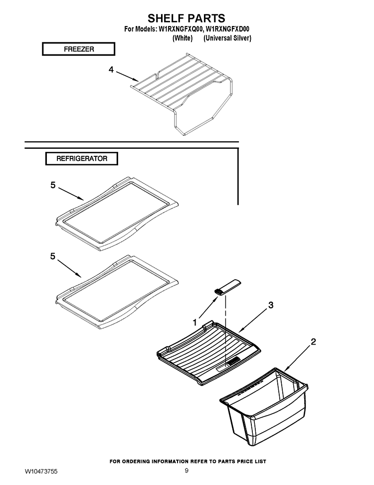 SHELF PARTS Diagram and Parts List for W1RXNGFXQ00  Whirlpool Refrigerator