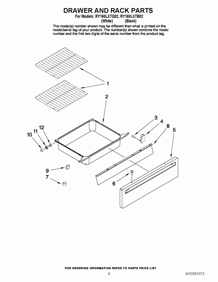 DRAWER & RACK PARTS Diagram and Parts List for RY160LXTB02  Whirlpool Range