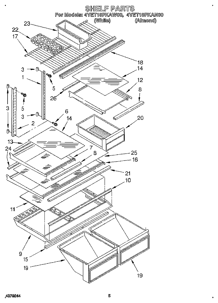 SHELF Diagram and Parts List for 4YET18PKAW00  Whirlpool Refrigerator