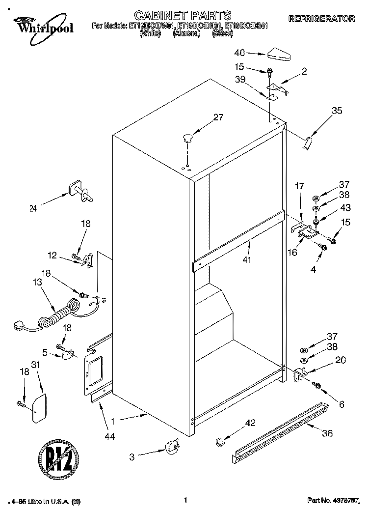 CABINET Diagram and Parts List for ET19DKXDB01  Whirlpool Refrigerator