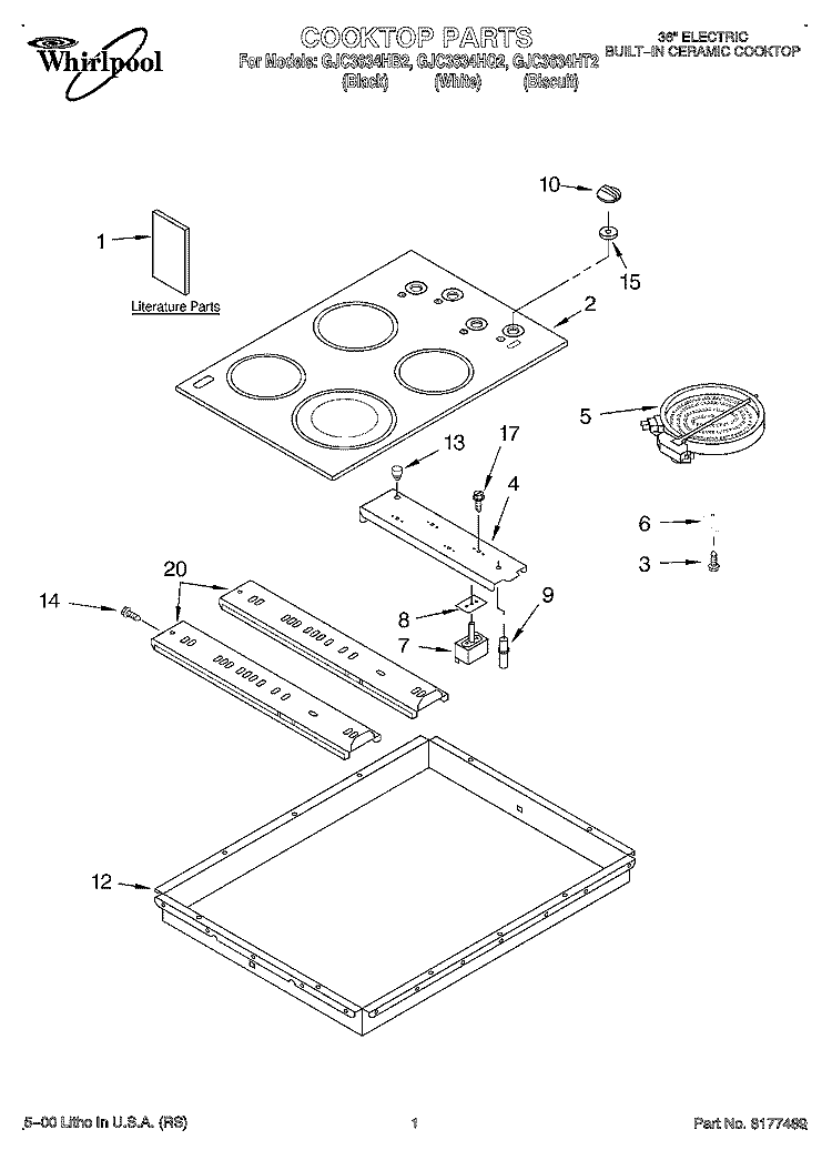 SECTION Diagram and Parts List for GJC3634HB2  Whirlpool Cooktop