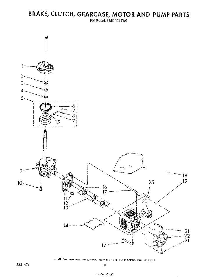 BRAKE, CLUTCH, GEARCASE, MOTOR AND PUMP Diagram and Parts List for LA6300XTF0  Whirlpool Washer
