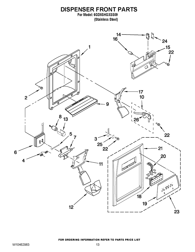 DISPENSER FRONT PARTS Diagram and Parts List for 6GD5SHGXSS09  Whirlpool Refrigerator