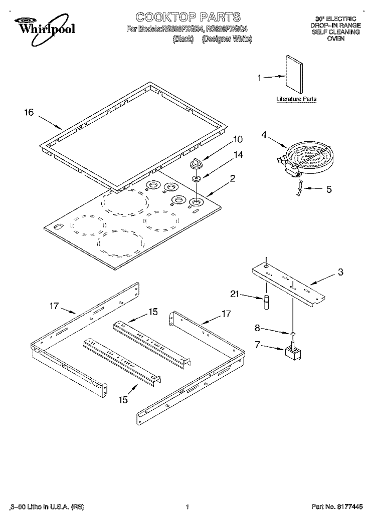 COOKTOP, LITERATURE Diagram and Parts List for RS696PXGB4  Whirlpool Range