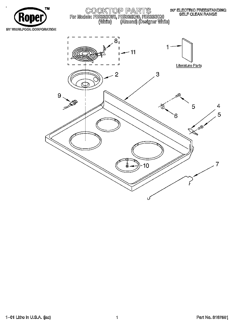 COOKTOP, LITERATURE Diagram and Parts List for FES330KQ0  Roper Range