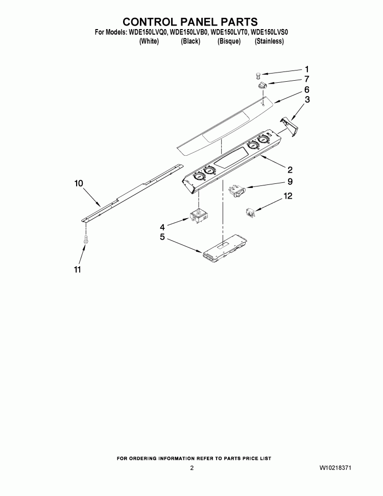 CONTROL PANEL PARTS Diagram and Parts List for WDE150LVS0  Whirlpool Range