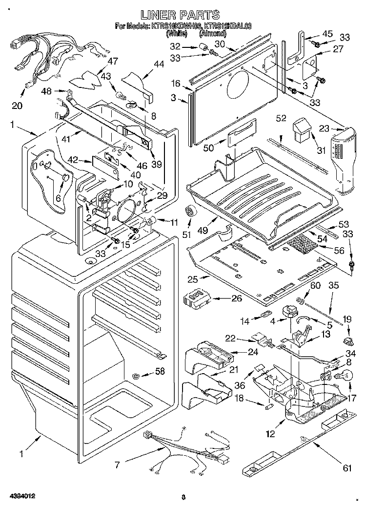 LINER Diagram and Parts List for KTRS19KDWH03  KitchenAid Refrigerator