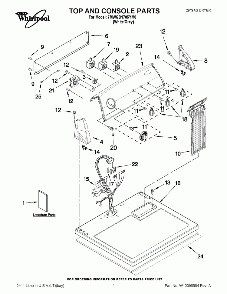 TOP AND CONSOLE PARTS Diagram and Parts List for 7MWGD1705YM0  Whirlpool Dryer