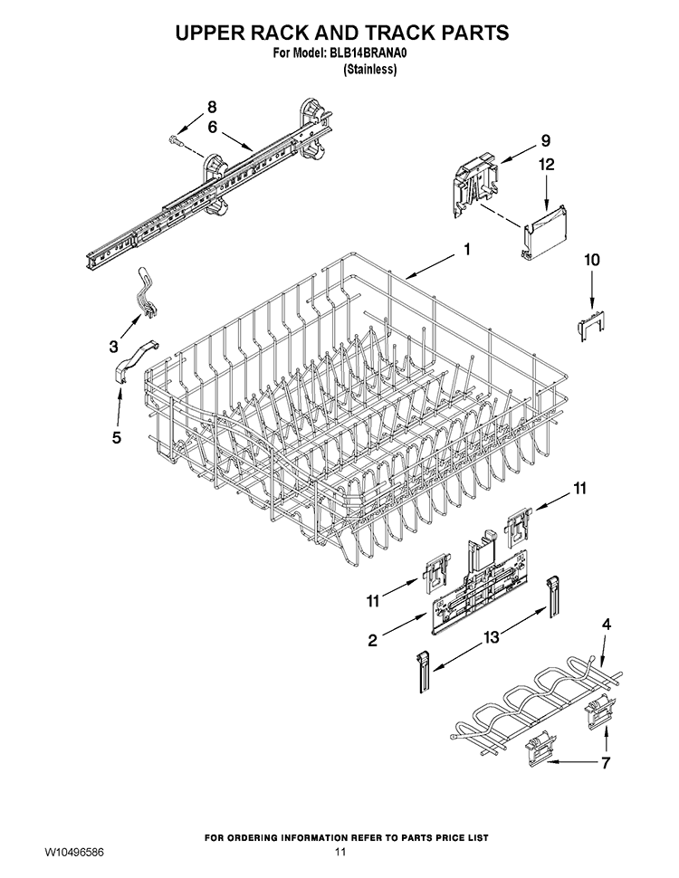 UPPER RACK AND TRACK PARTS Diagram and Parts List for BLB14BRANA0  Whirlpool Dishwasher