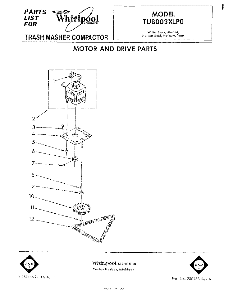 MOTOR AND DRIVE , LIT/OPTIONAL Diagram and Parts List for TU8003XLP0  Whirlpool Trash Compactor