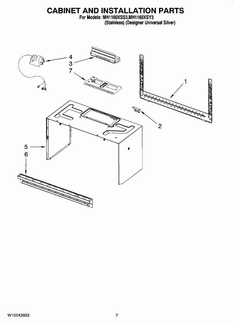 CABINET AND INSTALLATION PARTS Diagram and Parts List for MH1160XSS3  Whirlpool Microwave