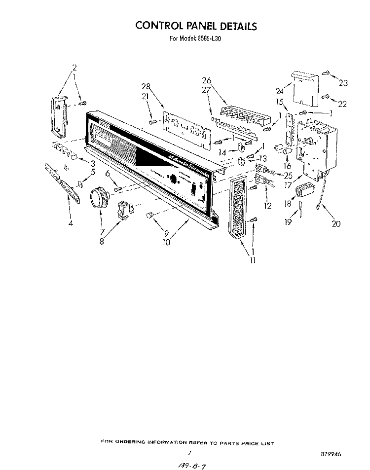 CONTROL PANEL Diagram and Parts List for 8585L30  Roper Dishwasher