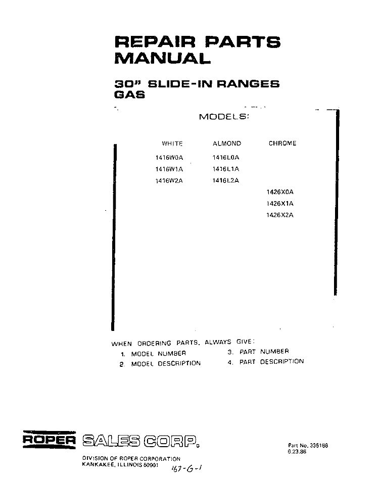 WIRE HARNESS AND OPTIONS Diagram and Parts List for 1416W1A  Roper Range
