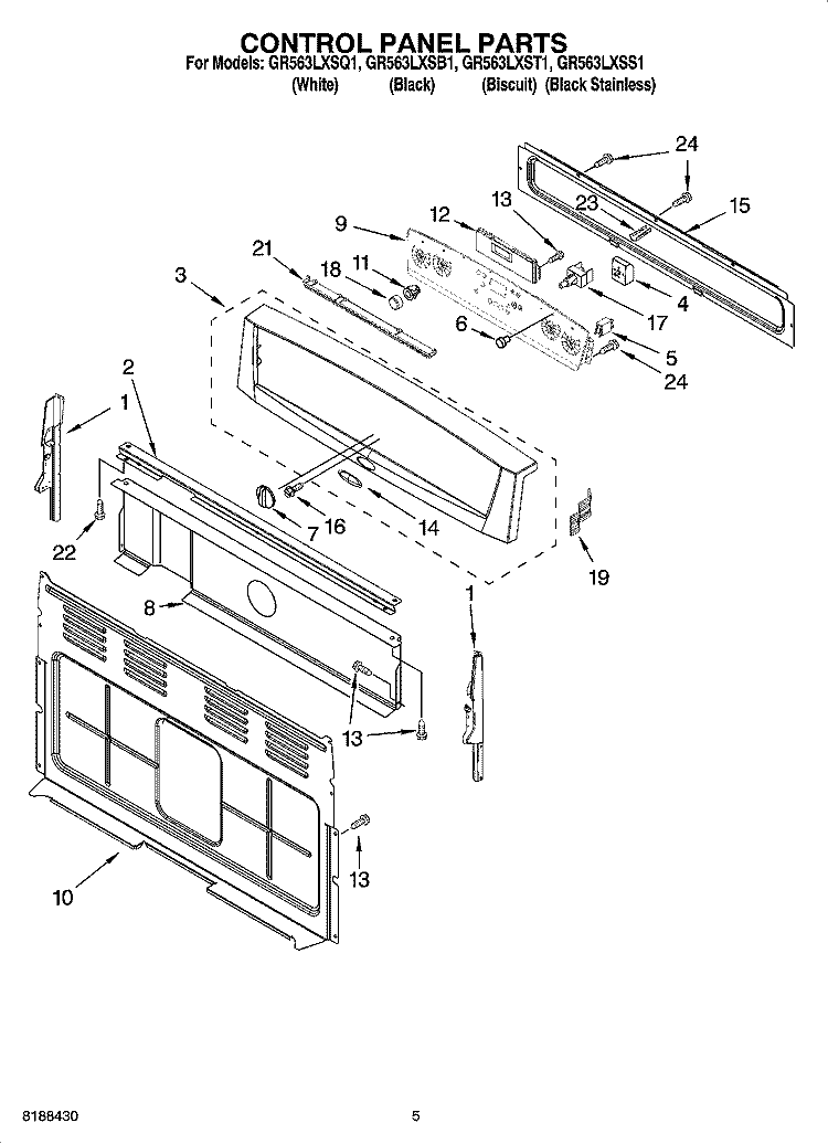 CONTROL PANEL PARTS Diagram and Parts List for GR563LXSB1  Whirlpool Range