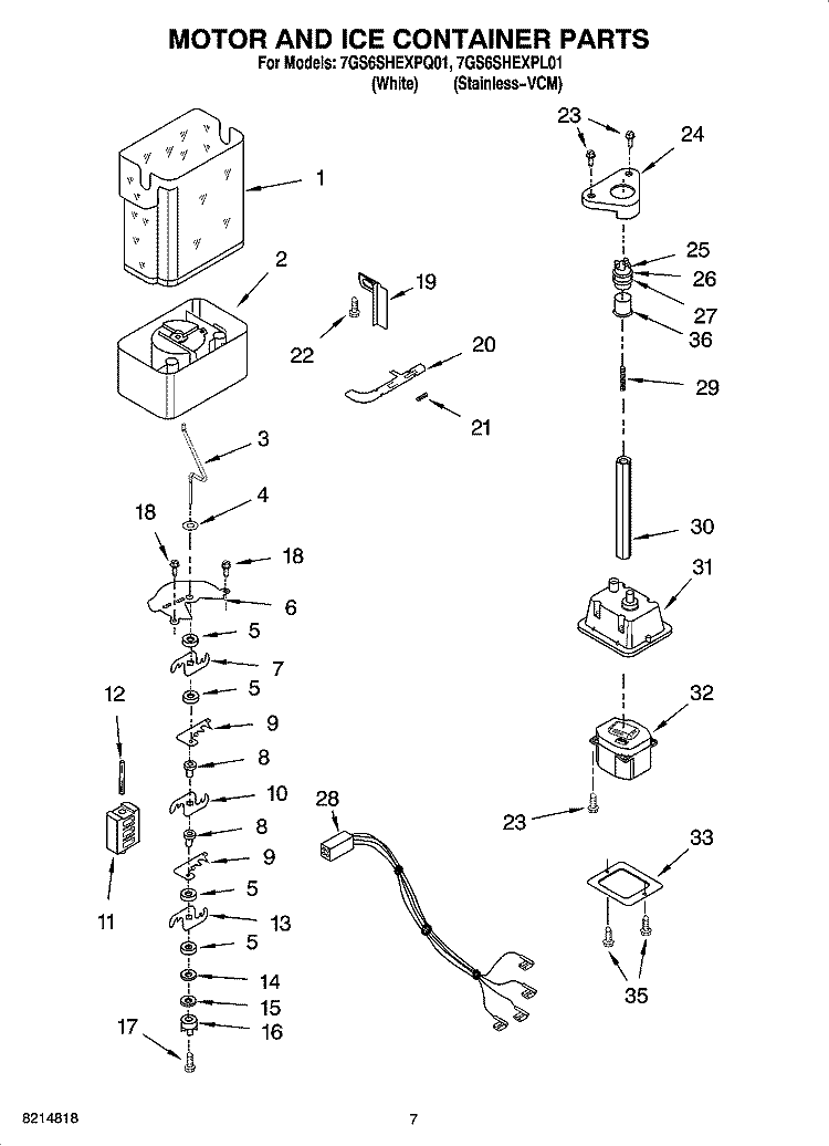 MOTOR AND ICE CONTAINER PARTS Diagram and Parts List for 7GS6SHEXPL01  Whirlpool Refrigerator