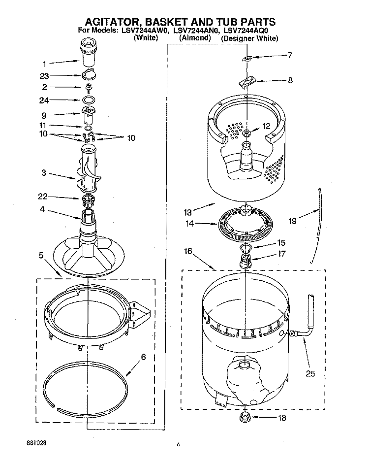 AGITATOR, BASKET AND TUB Diagram and Parts List for LSV7244AN0  Whirlpool Washer