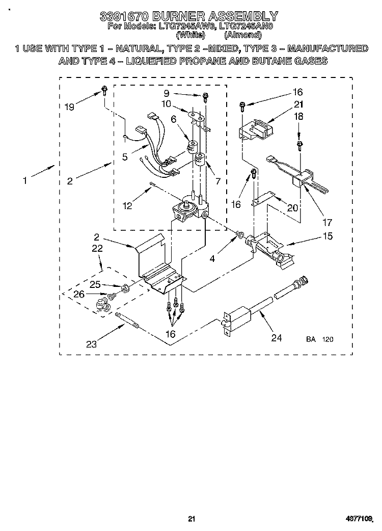 3391670 BURNER ASSEMBLY Diagram and Parts List for LTG7245AN0  Whirlpool Washer Dryer Combo