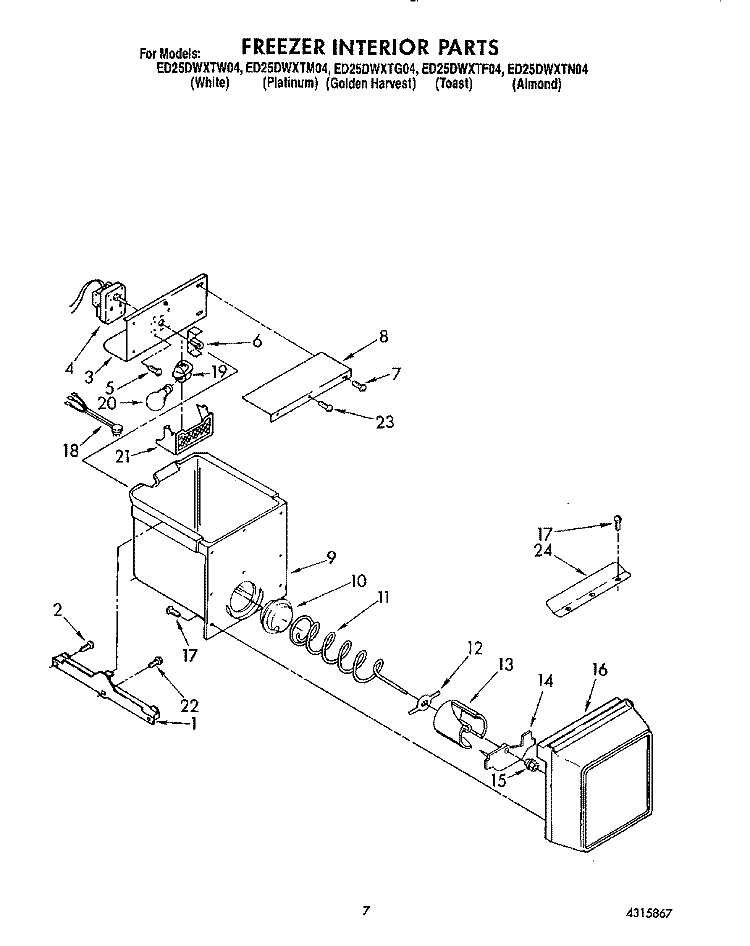 FREEZER INTERIOR Diagram and Parts List for ED25DWXTG04  Whirlpool Refrigerator