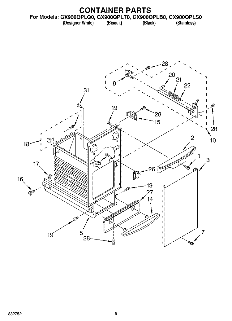 CONTAINER Diagram and Parts List for GX900QPLB0  Whirlpool Trash Compactor