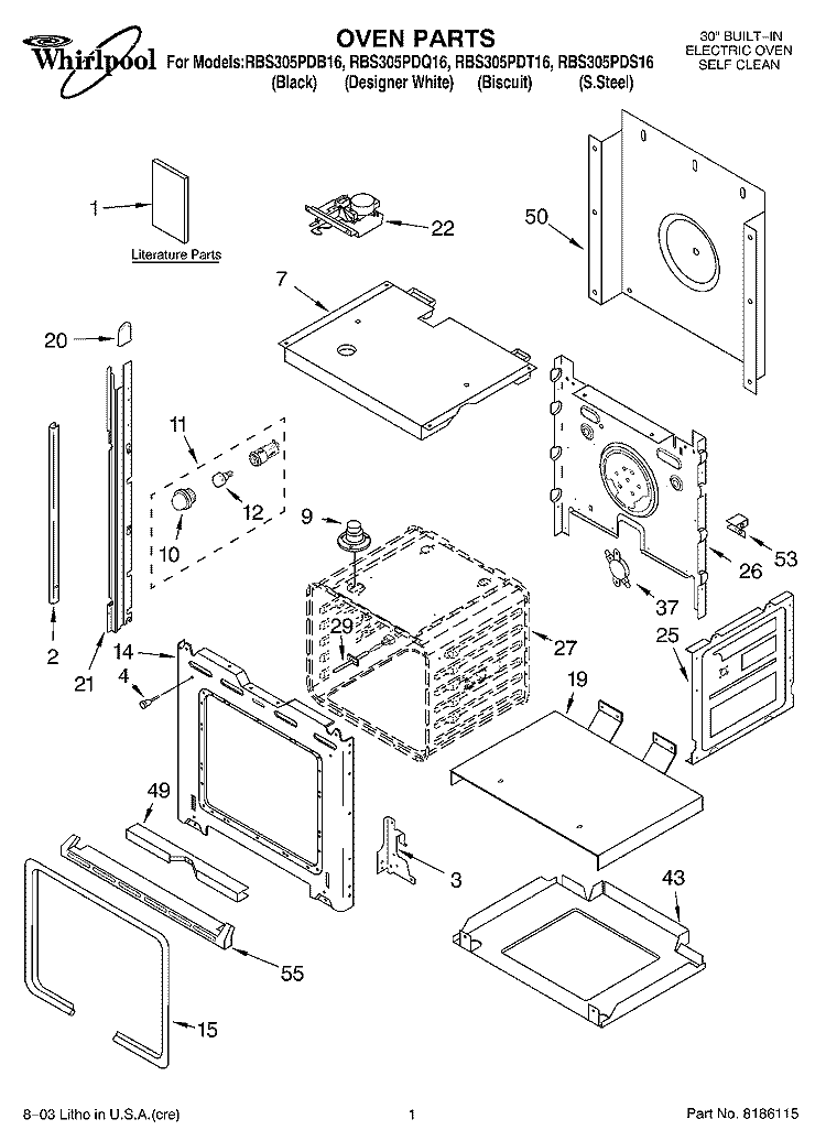 OVEN PARTS Diagram and Parts List for RBS305PDB16  Whirlpool Wall Oven
