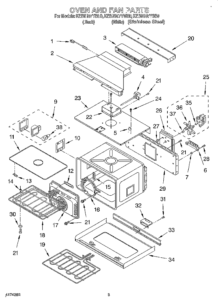 OVEN AND FAN Diagram and Parts List for KEBN107YWH0  KitchenAid Wall Oven
