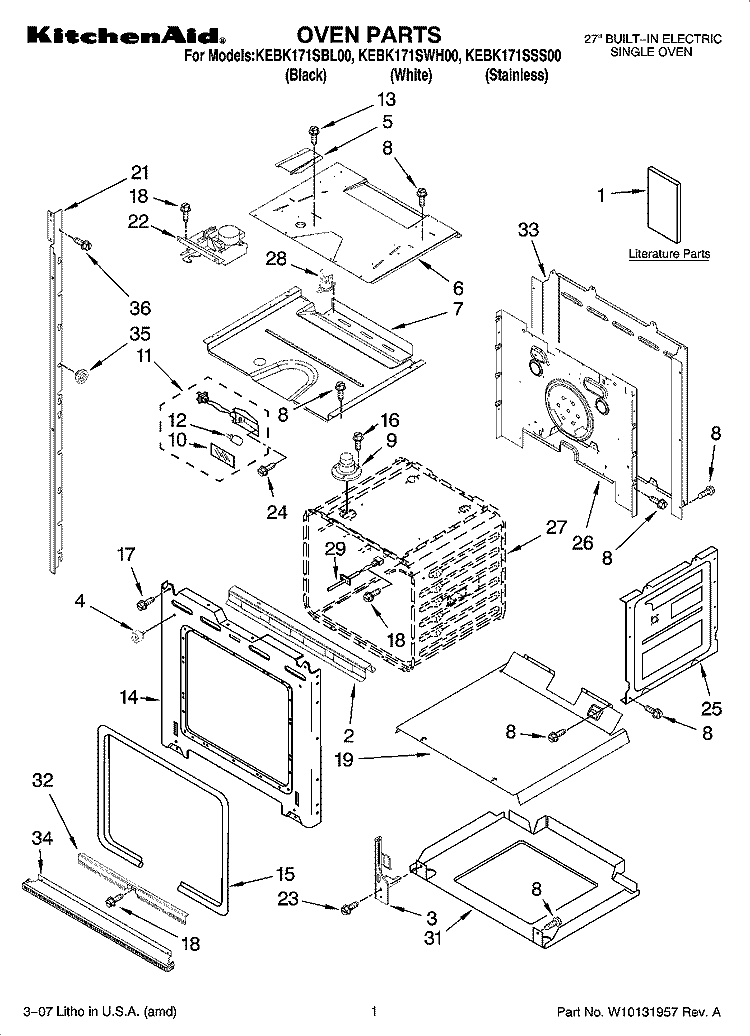OVEN PARTS Diagram and Parts List for KEBK171SWH00  KitchenAid Wall Oven
