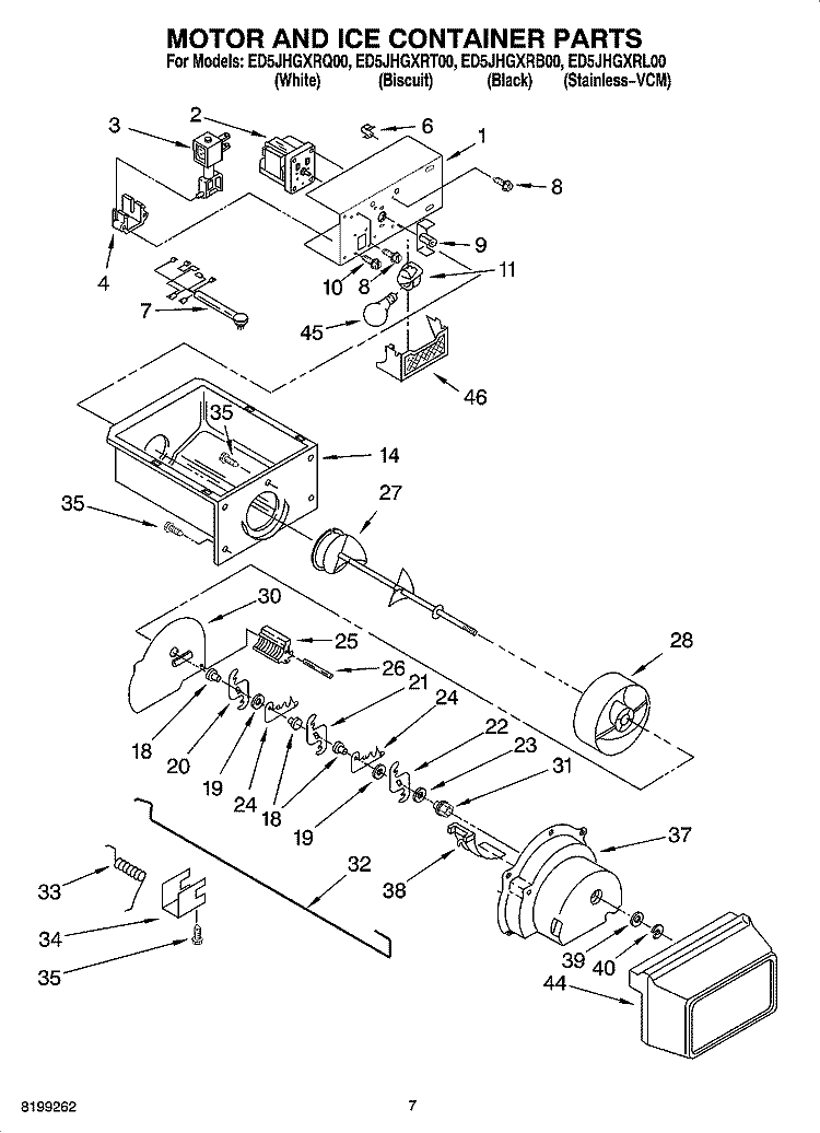 MOTOR AND ICE CONTAINER PARTS Diagram and Parts List for ED5JHGXRB00  Whirlpool Refrigerator