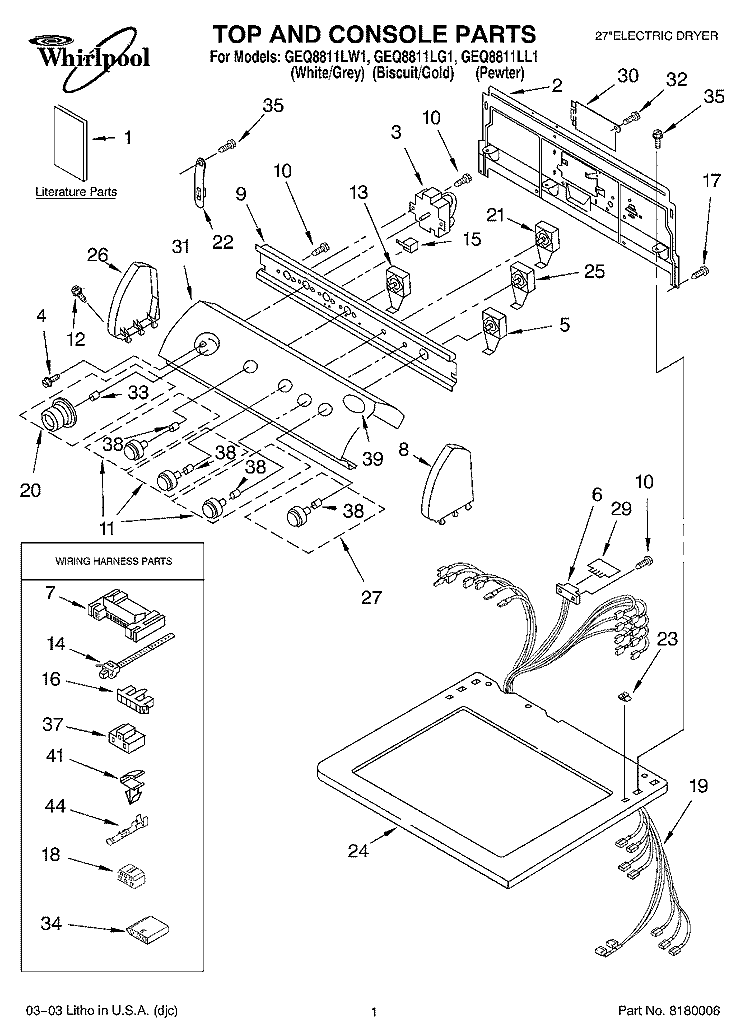 TOP AND CONSOLE PARTS Diagram and Parts List for GEQ8811LG1  Whirlpool Dryer