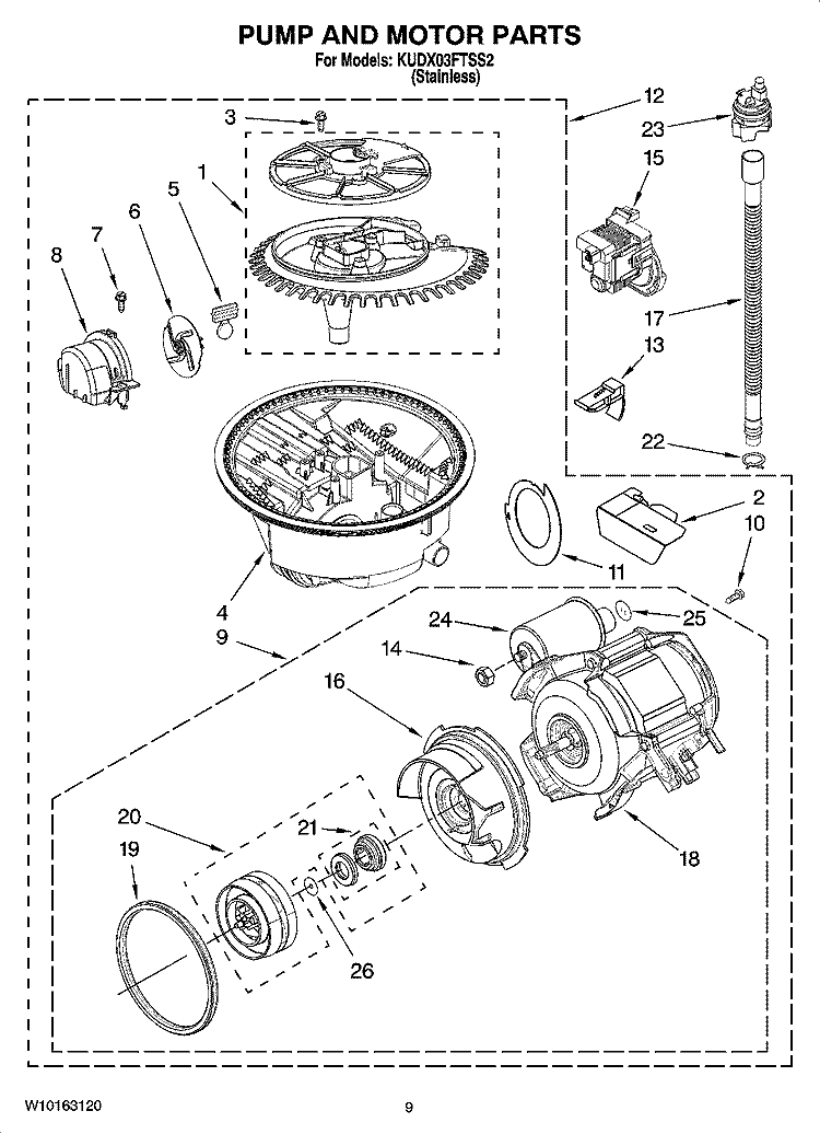 PUMP AND MOTOR PARTS Diagram and Parts List for KUDX03FTSS2  KitchenAid Dishwasher