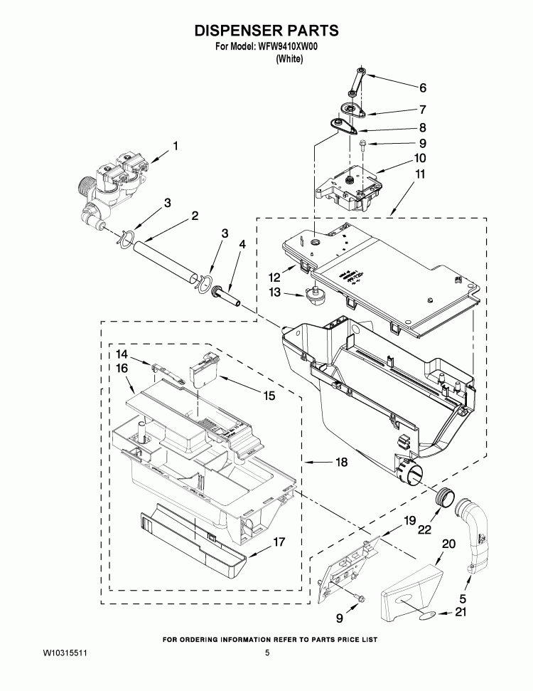 DISPENSER PARTS Diagram and Parts List for WFW9410XW00  Whirlpool Washer