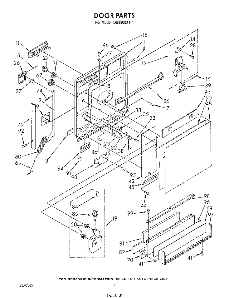 DOOR Diagram and Parts List for DU8900XT4  Whirlpool Dishwasher