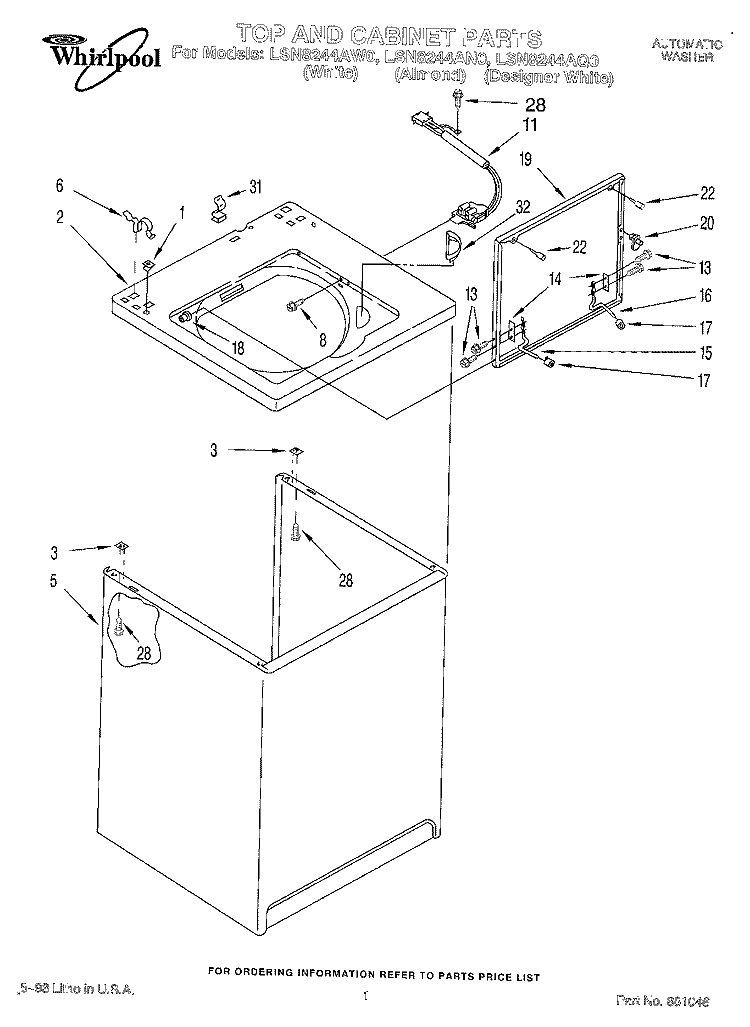 TOP AND CABINET, LIT/OPTIONAL Diagram and Parts List for LSN8244AW0  Whirlpool Washer