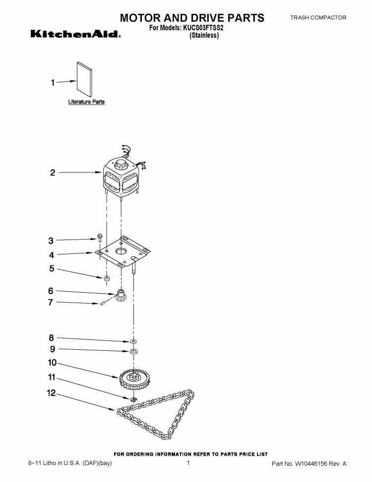MOTOR AND DRIVE PARTS Diagram and Parts List for KUCS03FTSS2  KitchenAid Trash Compactor