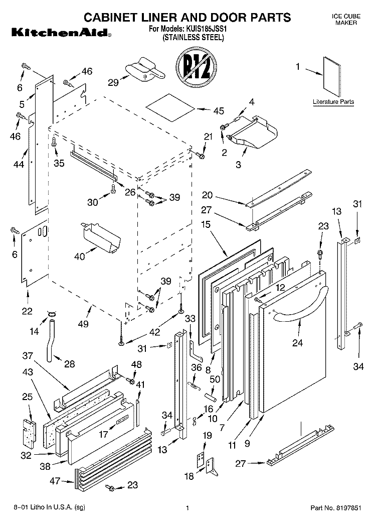 CABINET LINER AND DOOR, LIT/OPTIONAL Diagram and Parts List for KUIS185JSS1  KitchenAid Ice Maker